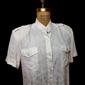 Levino Verna Vintage Cream patterned Silk Short Sleeve band collar Shirt size 14